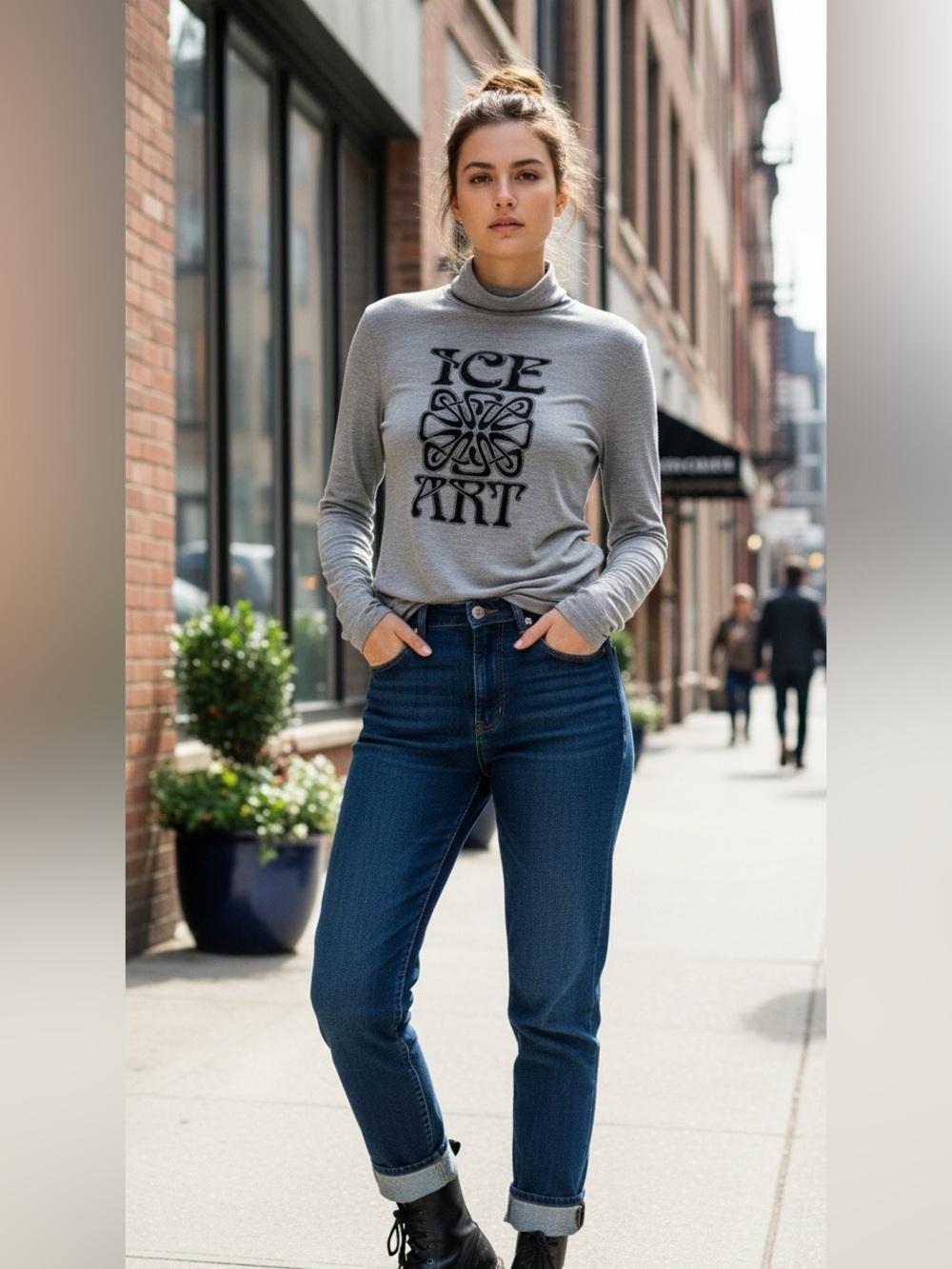 NWT Iceberg long sleeve turtleneck shirt size Large grey with black logo print